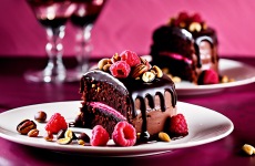 Шоколадный торт с малиной и орехами