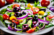 Греческий салат с оливками: вкусное сочетание свежих овощей и ароматных приправ